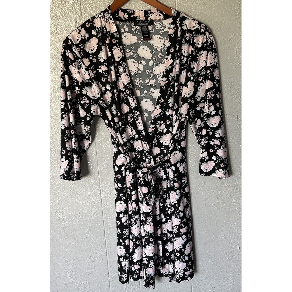 Rene Rofe Sleepwear Black Pink Floral Robe W/ Belt Lightweight Size M